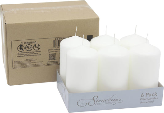 6 Count Tall 3 X 6 Inch 65 Hour Long Burning Unscented White Wax Pillar Candles