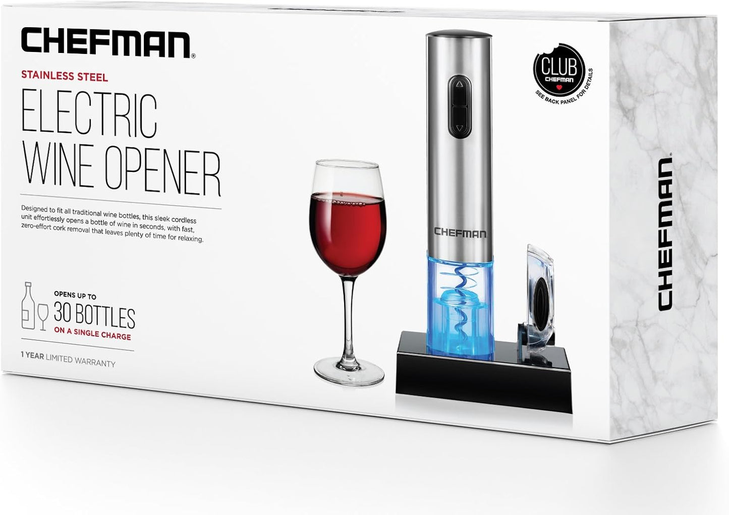 Electric Wine Opener W/ Foil Cutter, One-Touch, Open 30 Bottles on Single Charge, Automatic Corkscrew & Foil Remover, Rechargeable Battery, 110 Watts, 120 Volts, Stainless