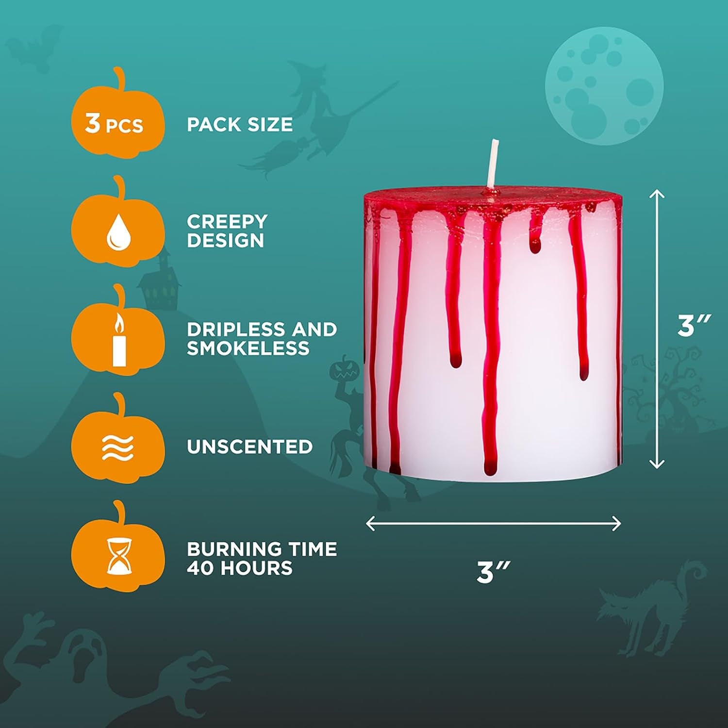 3X3 Pillar Candles Set of 3 - No Drip Candles - Decorative Candles Unscented Ideal as Halloween Candles and Bloody Halloween Decor - Bloody Candles Pillar