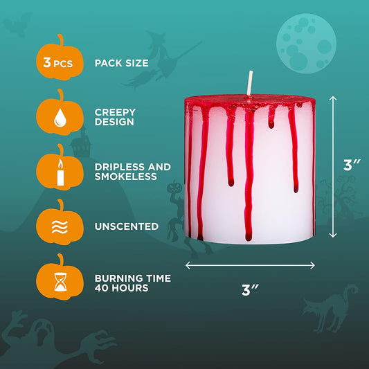 3X3 Pillar Candles Set of 3 - No Drip Candles - Decorative Candles Unscented Ideal as Halloween Candles and Bloody Halloween Decor - Bloody Candles Pillar