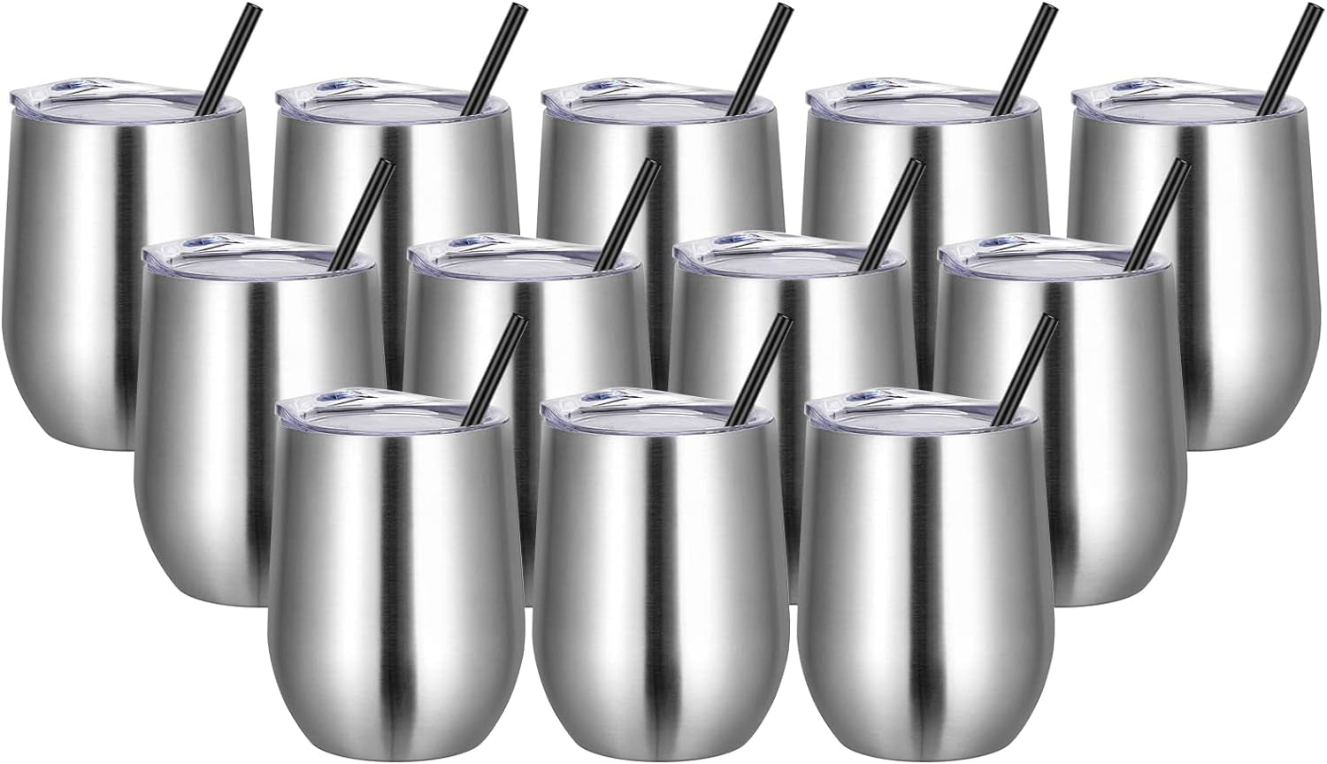 Wine Tumblers Bulk 12 Pack, 12Oz Stainless Steel Stemless Wine Glass with Lids and Straws, Double Wall Vacuum Insulated Tumbler Cup, Coffee Mug for Cold Hot Drinks