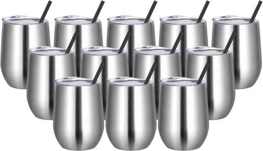 Wine Tumblers Bulk 12 Pack, 12Oz Stainless Steel Stemless Wine Glass with Lids and Straws, Double Wall Vacuum Insulated Tumbler Cup, Coffee Mug for Cold Hot Drinks