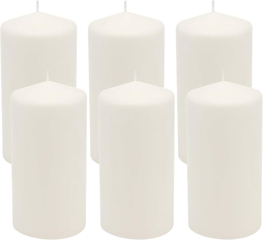 6 Count Tall 3 X 6 Inch 65 Hour Long Burning Unscented White Wax Pillar Candles