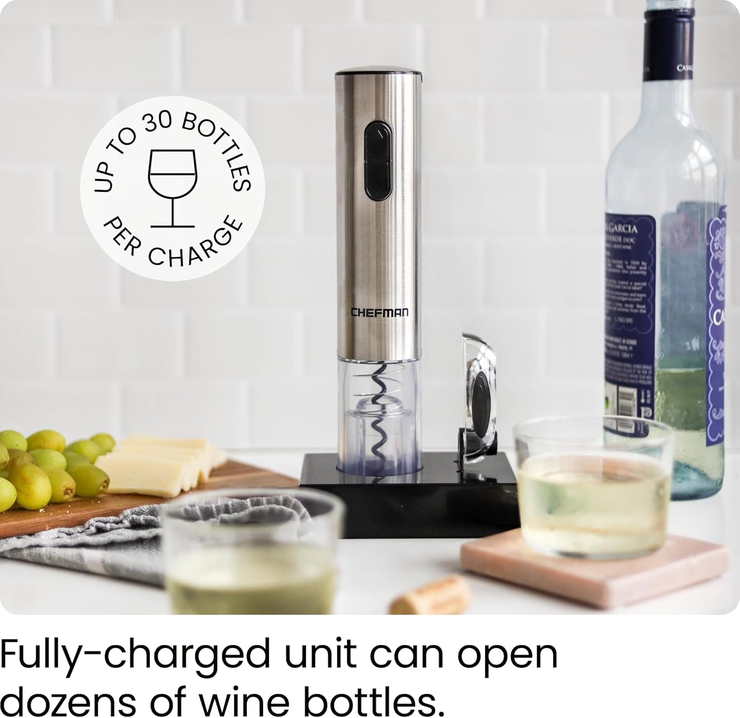 Electric Wine Opener W/ Foil Cutter, One-Touch, Open 30 Bottles on Single Charge, Automatic Corkscrew & Foil Remover, Rechargeable Battery, 110 Watts, 120 Volts, Stainless