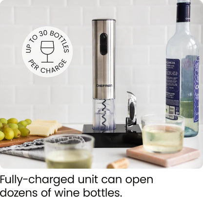 Electric Wine Opener W/ Foil Cutter, One-Touch, Open 30 Bottles on Single Charge, Automatic Corkscrew & Foil Remover, Rechargeable Battery, 110 Watts, 120 Volts, Stainless